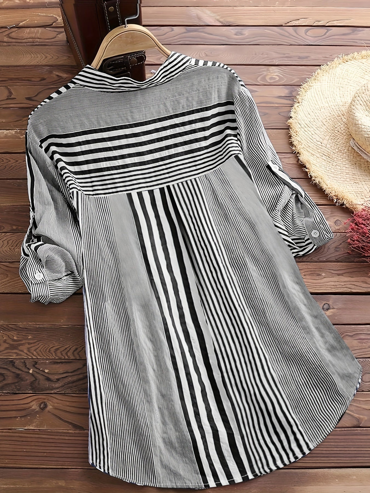 Print Button Up Roll Up Sleeve Stand Collar Round Hem Slight Stretch Blouse