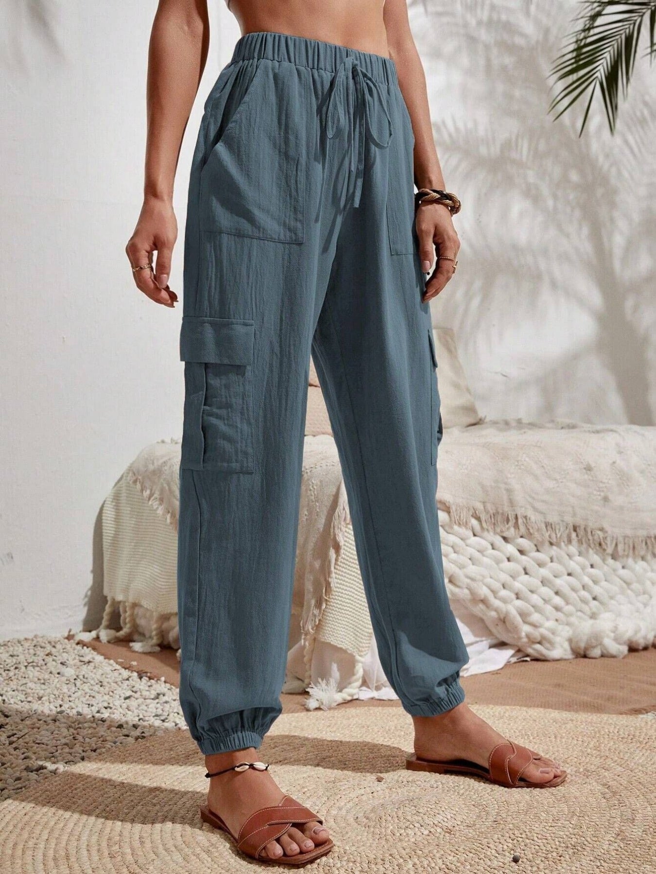 Solid Drawstring Pants, Casual Slant Pockets Cargo Pants