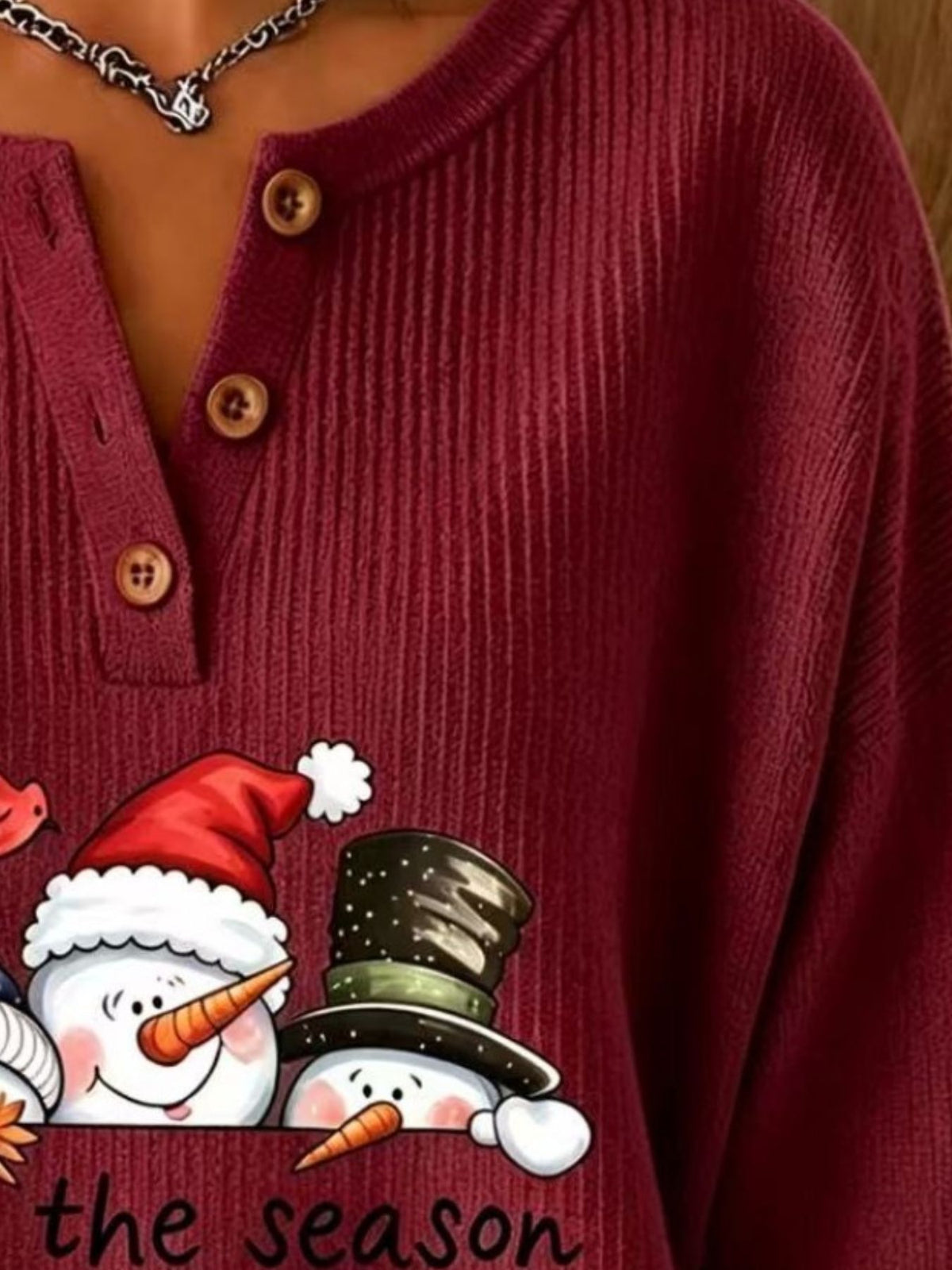 Christmas Themed Snowman Graphic Ribbed Henley Sweatshirt