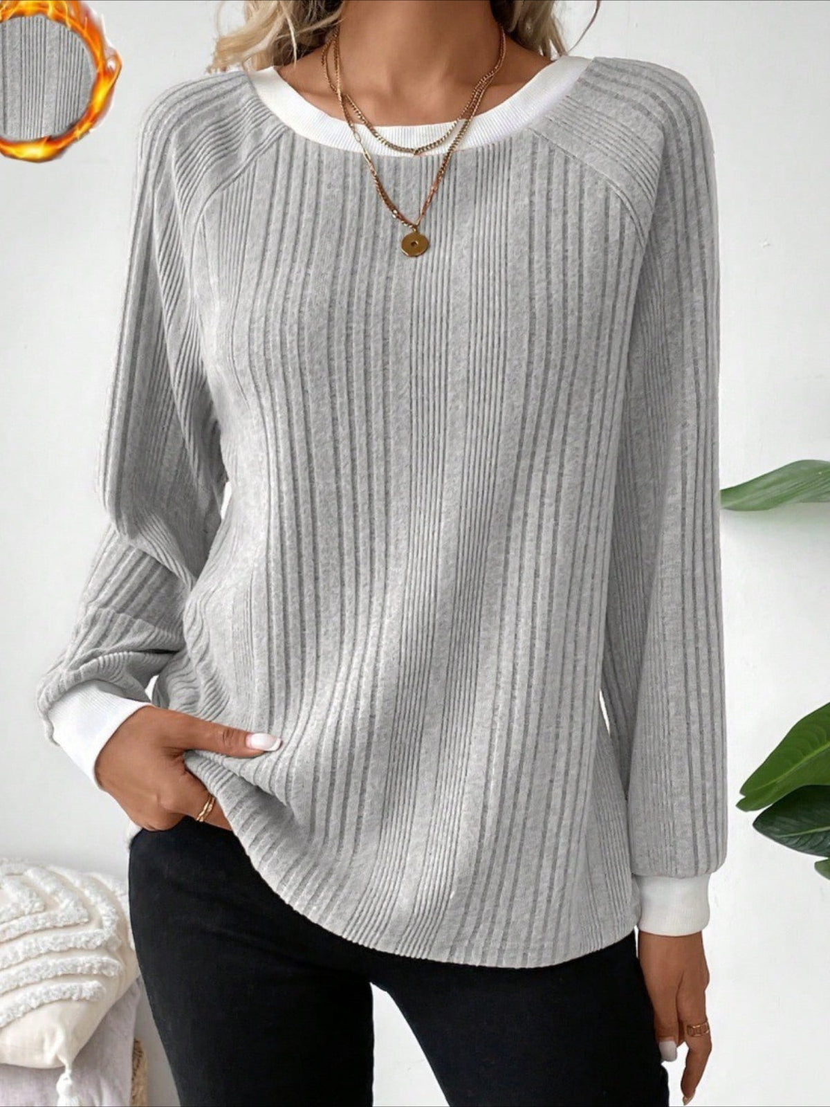 Long Sleeve Pullover with Elegant Contrast Collar Top