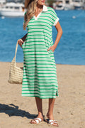 Green Stripe Collared V Neck Short Sleeve T Shirt Midi Dress with Pockets