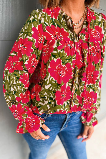 Red Floral Print Lace up V Neck Flounce Sleeve Blouse