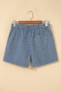 Blue Stripe Drawstring Elastic Waist Casual Denim Shorts