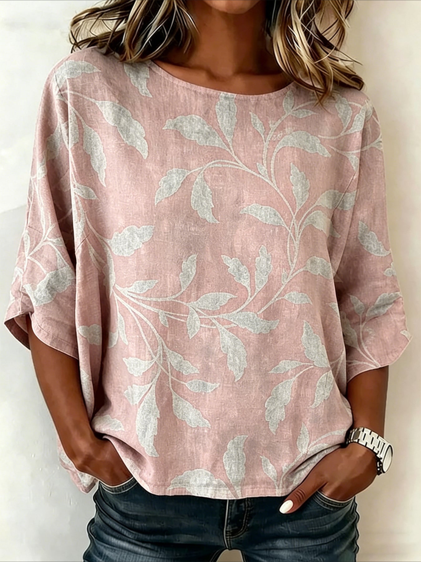 Leaf Prints Loose Cotton and Linen Vintage Shirt