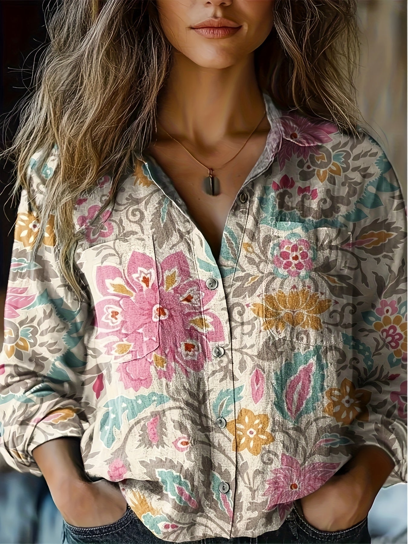 Vibrant Paisley & Floral Print Women's Long Sleeve Blouse