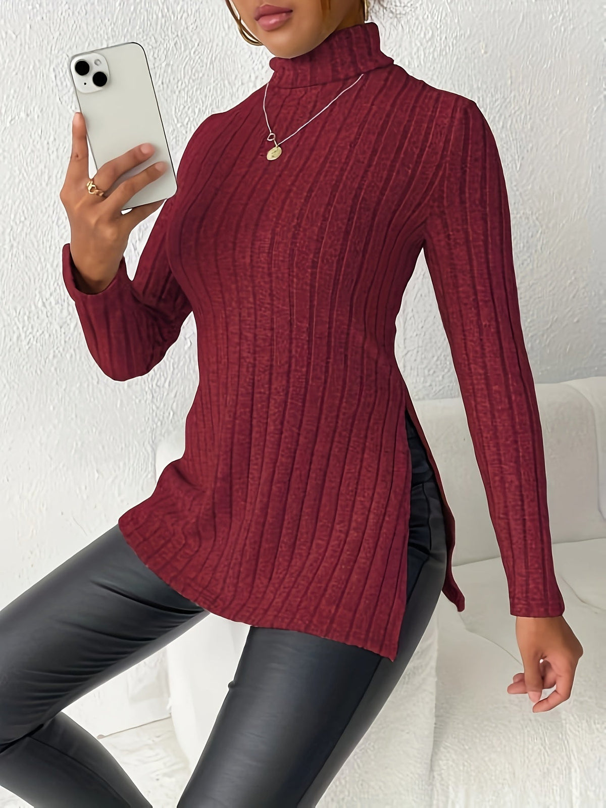 Solid Turtle Neck Rib Knit Top, Casual Long Sleeve Split Top