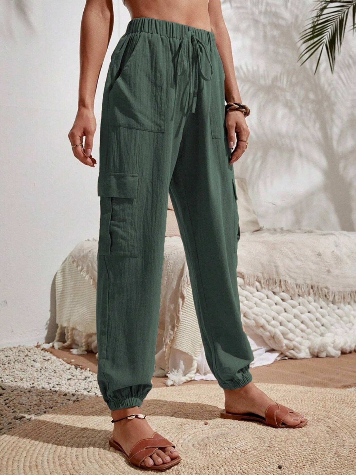 Solid Drawstring Pants, Casual Slant Pockets Cargo Pants