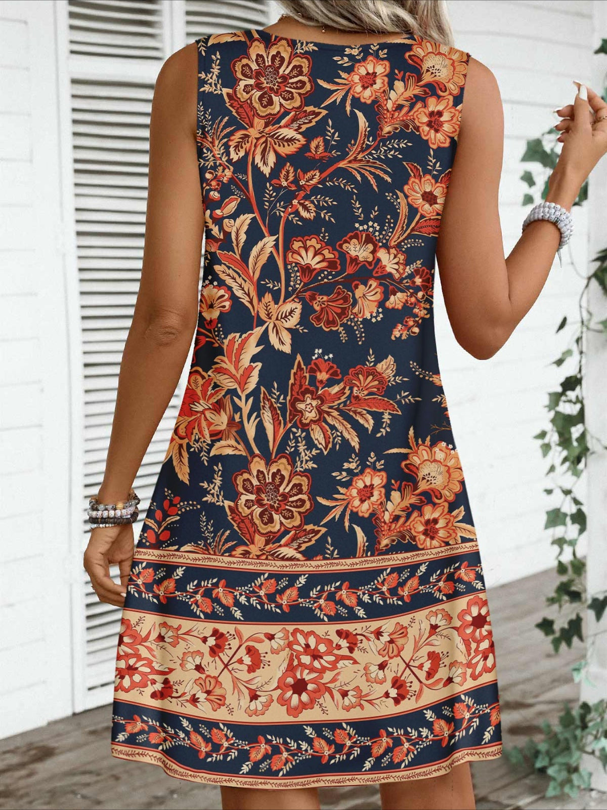 Circular Ring Floral Print Sleeveless Dress