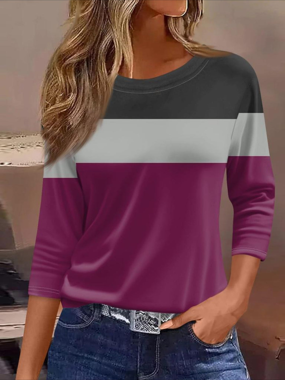 Regular Fit Printed Three-Quarter Sleeve Round Neck T-Shirt
