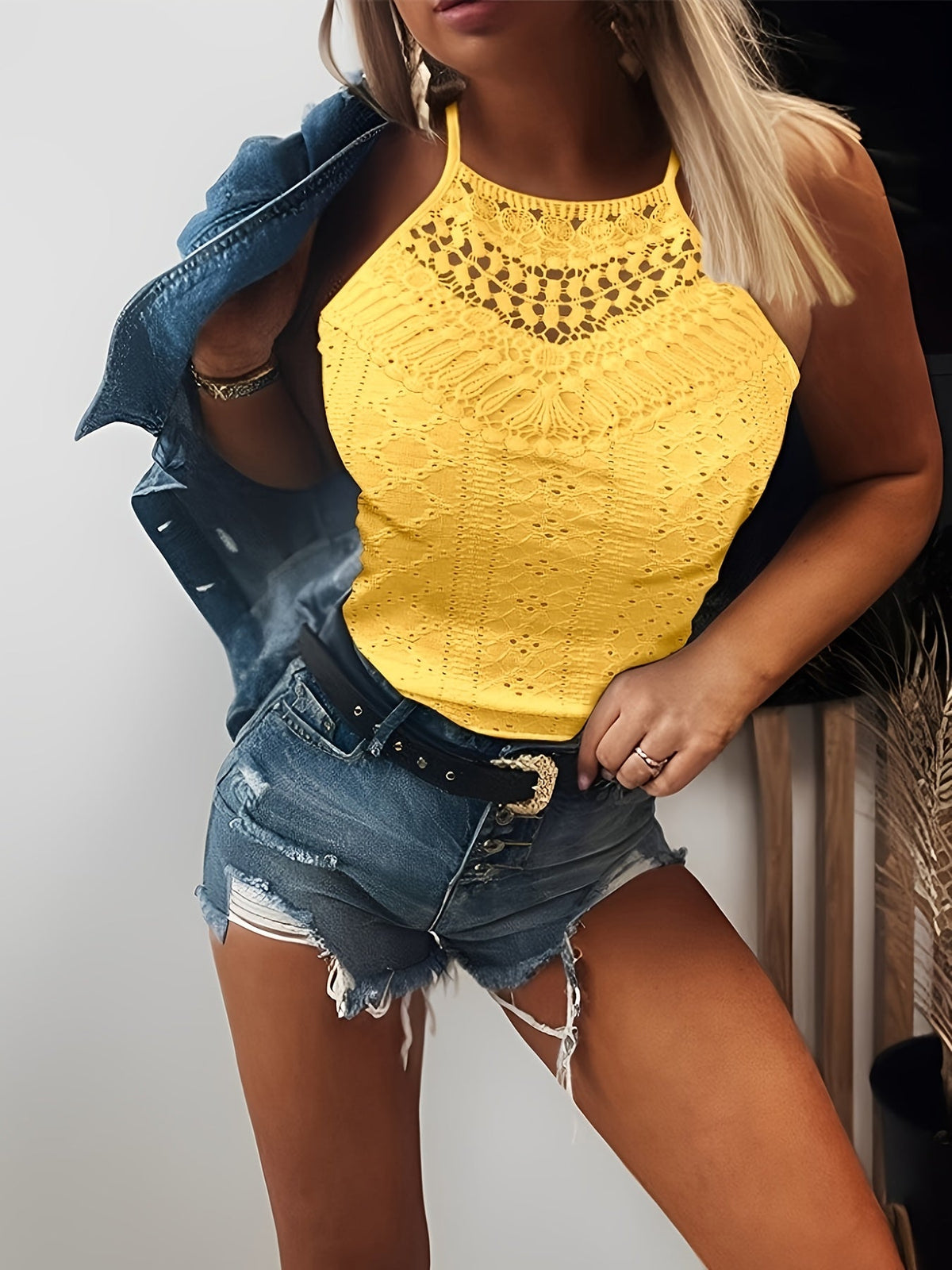 Solid Color Spandex Elegant Spaghetti Strap Slingback Hollow Knit Fabric Camis
