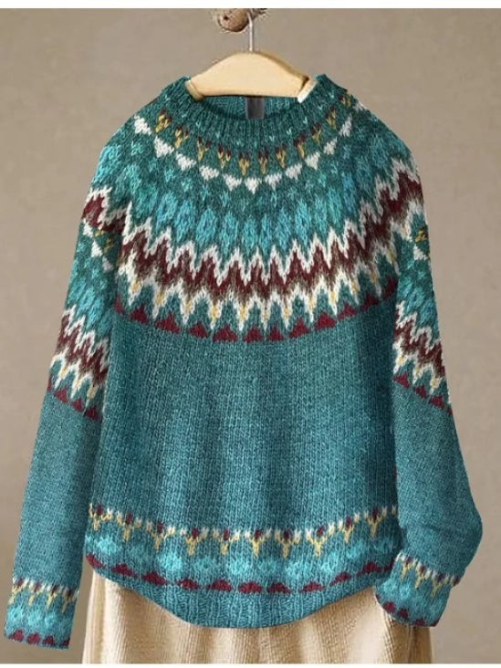 Elegant Color-Block Round Neck Long Sleeve Pullover Sweater
