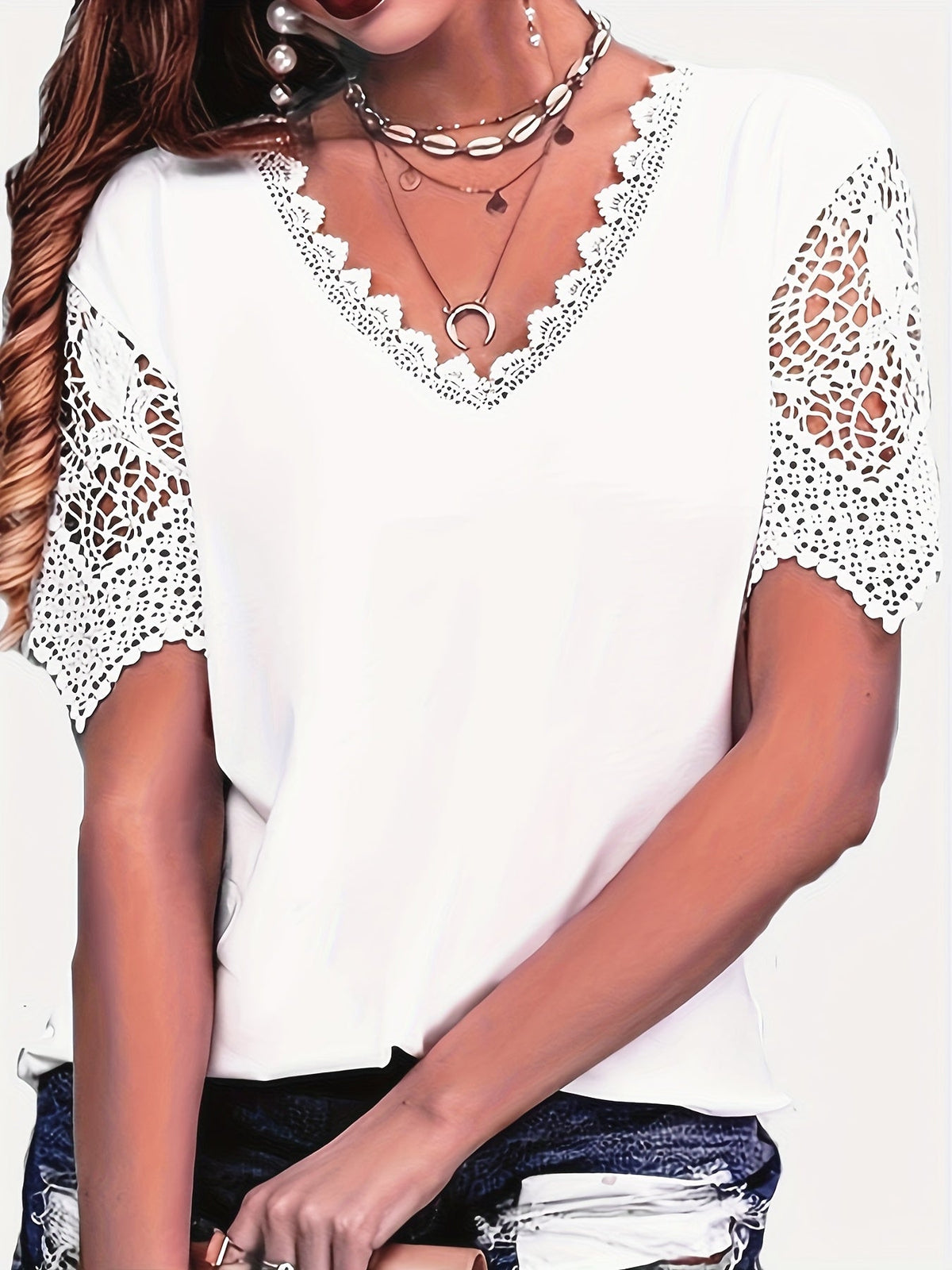 Pure Color Lace Patchwork Short Sleeve T-shirt