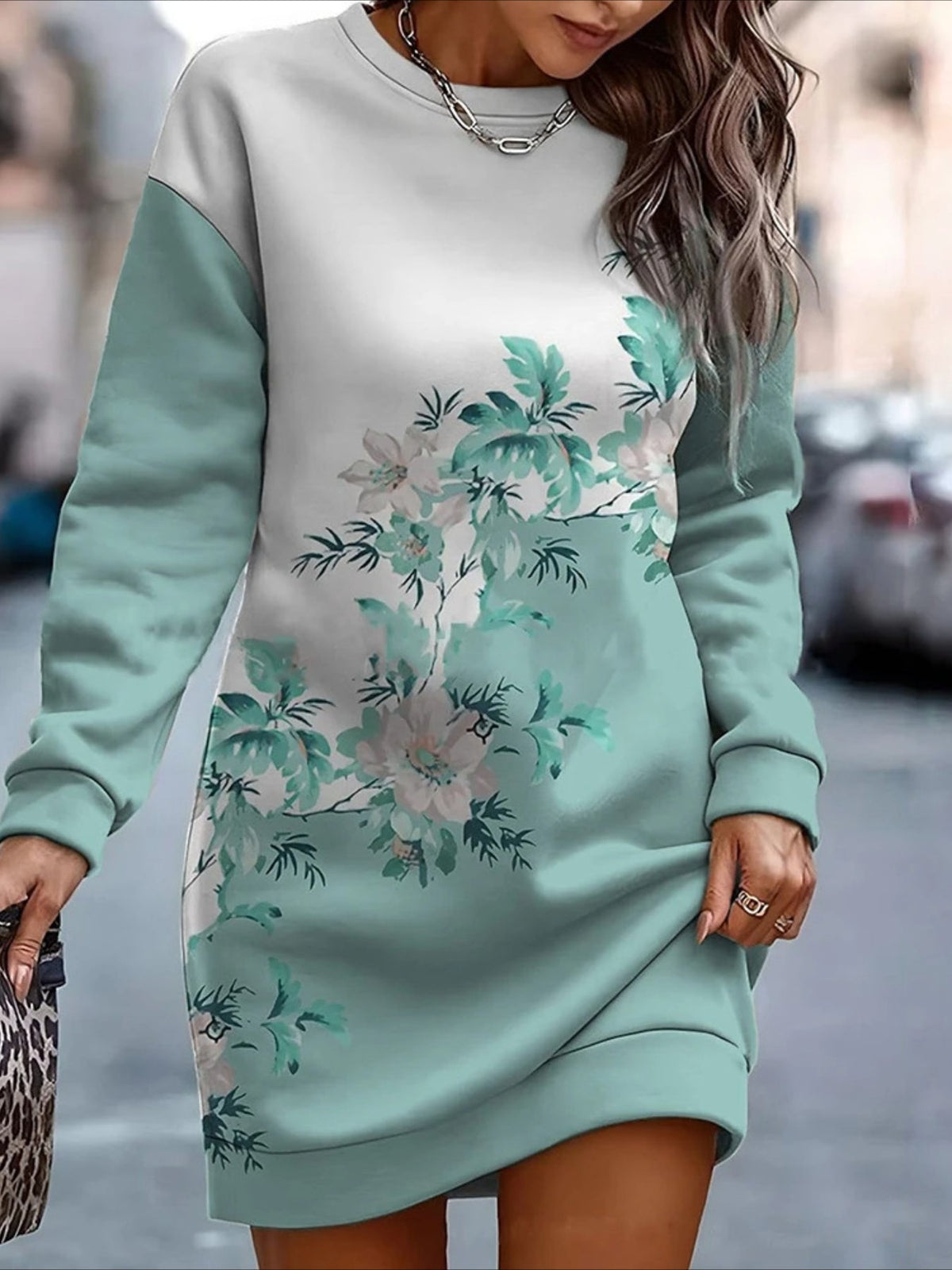 Women's Casual Geometric Pattern Long Sleeve Sweatshirt Dress - Polyester Knit Fabric, Fitted Style, Round Neck