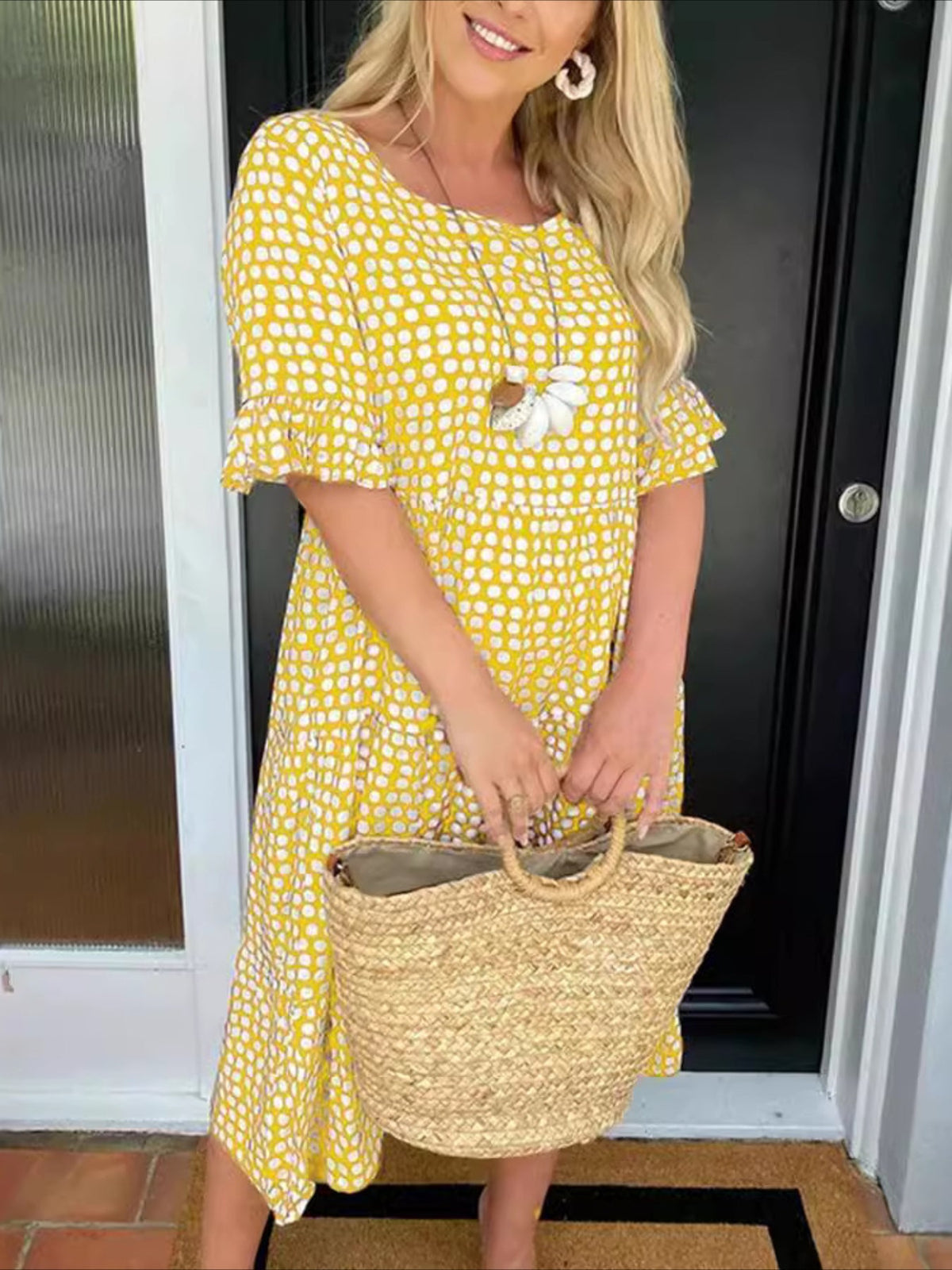 Round Neck Print Short Sleeve Maxi Dress