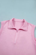 Pink Solid Color Sleeveless Zipper Tank and Skort Set