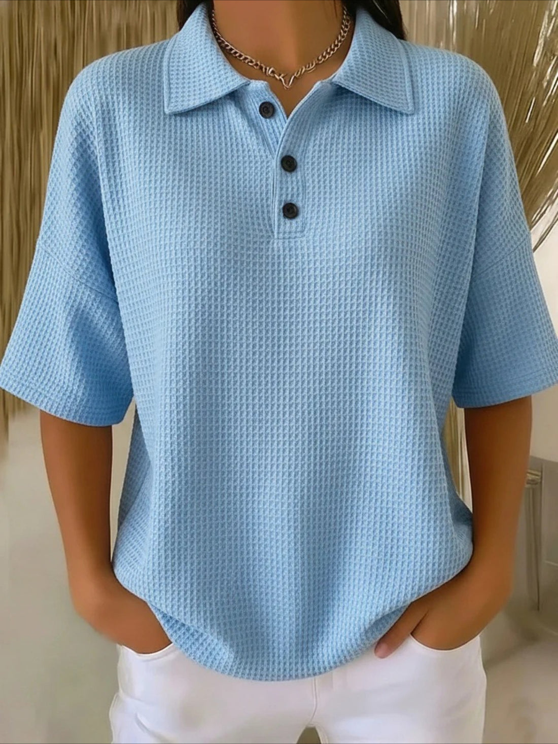 Waffle Buttons Solid Color Vintage Stylish Half Sleeve Polo Collar Tops