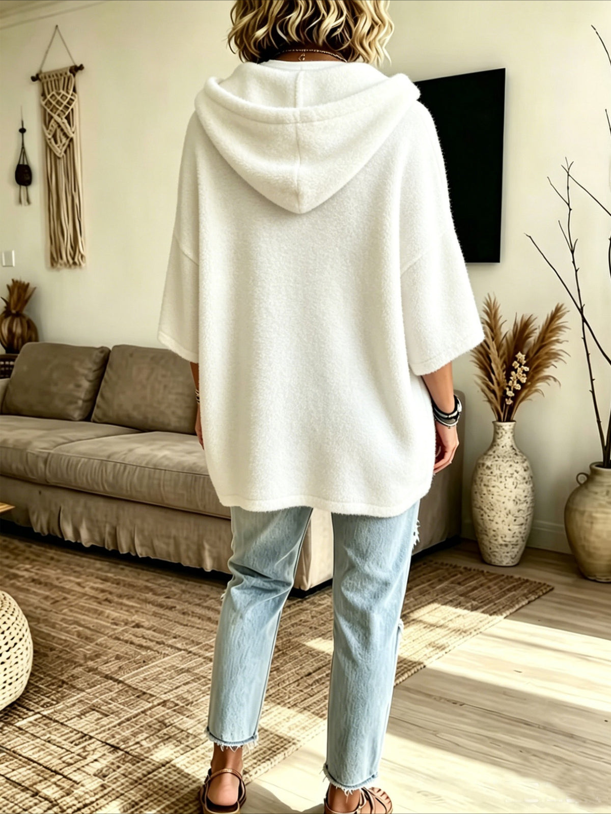 Loose 3/4 Sleeve Hooded Drawstring Bat-sleeved Sweatshirt