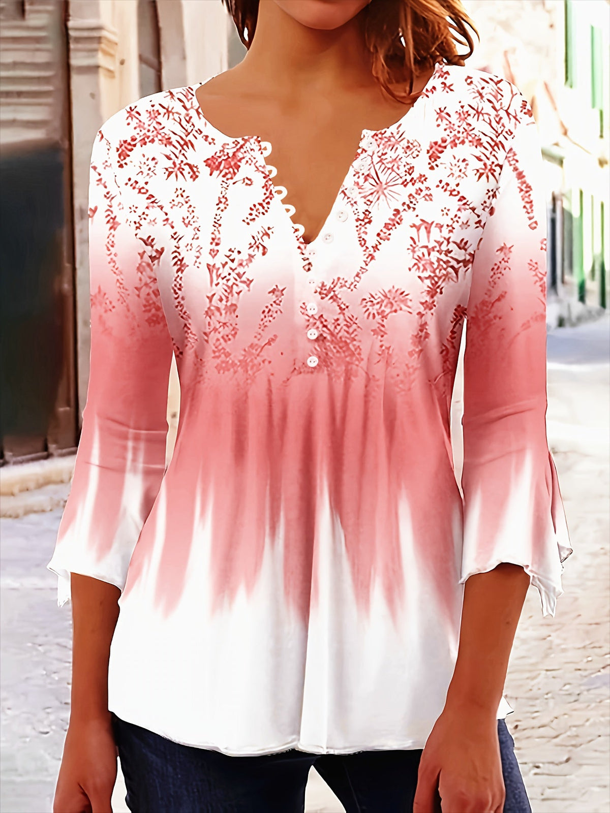 Casual Floral Print V-Neck 3/4 Sleeves Blouse