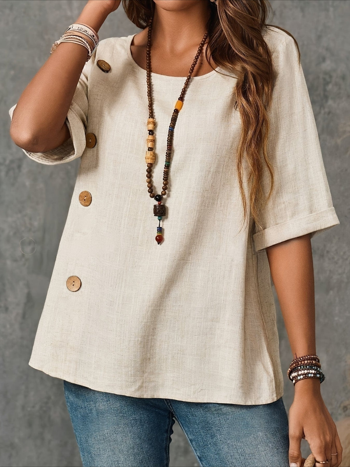 Vintage-Inspired Button-Up Round Neck Blouse with Puffed Sleeves