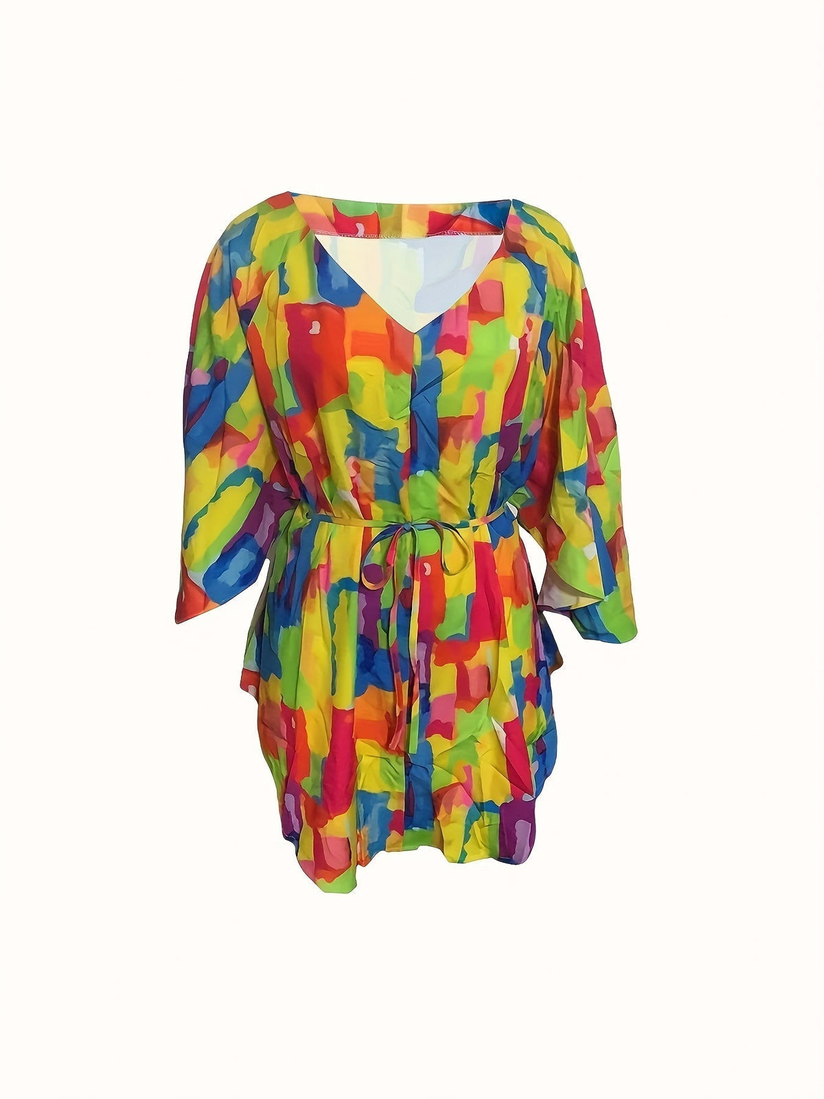 Full Printed V Neck Dress, Casual Tie Waist Batwing Sleeve Dress