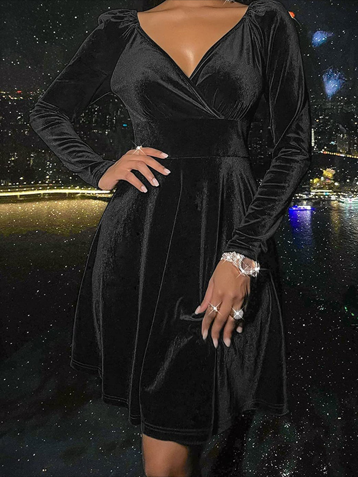Plain Spring/Fall V Neck Long Sleeve A-Line Midi Dress