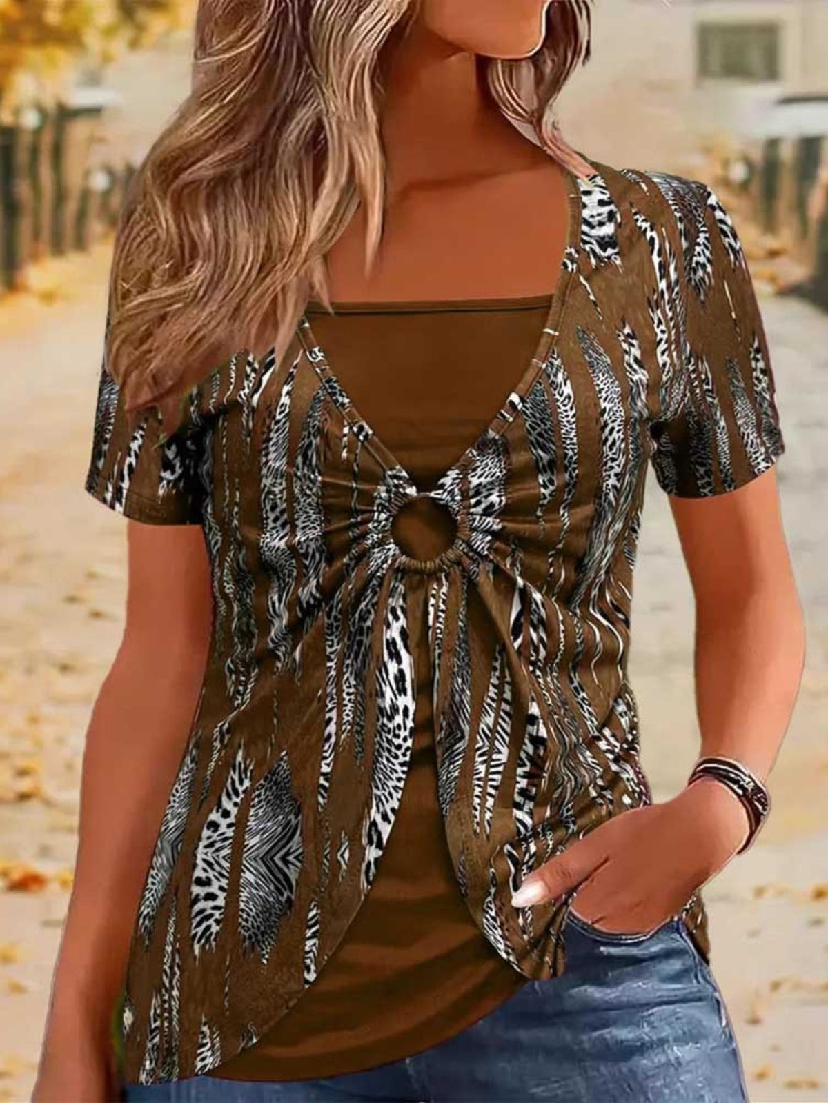 Maroon & Black Stretchy Polyester Blend Print Square Neck Short Sleeve T-Shirt