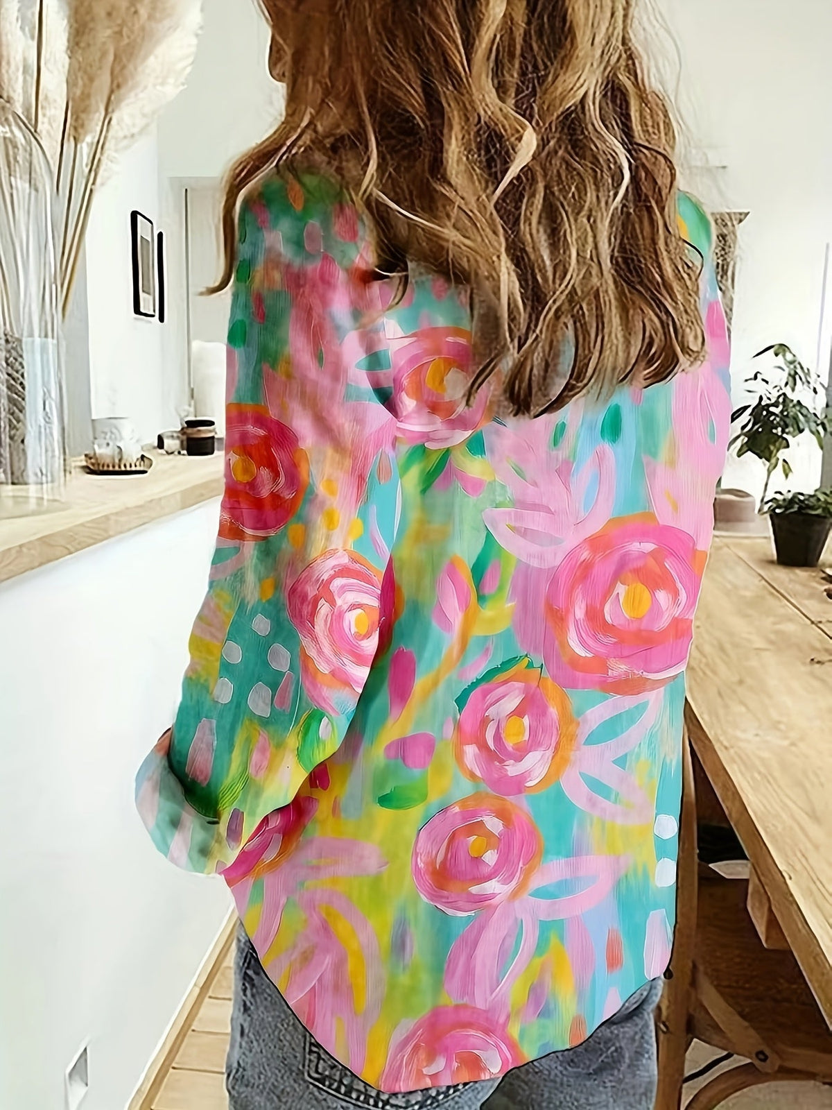 Colorful Printed Casual Single Row Button Long Sleeve Turnover Collar Top