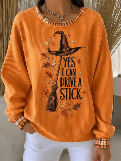 YES I CAN DRIVE A STICK. Halloween Printed Crew Neck Floral Long Sleeve Sweater Hoodie