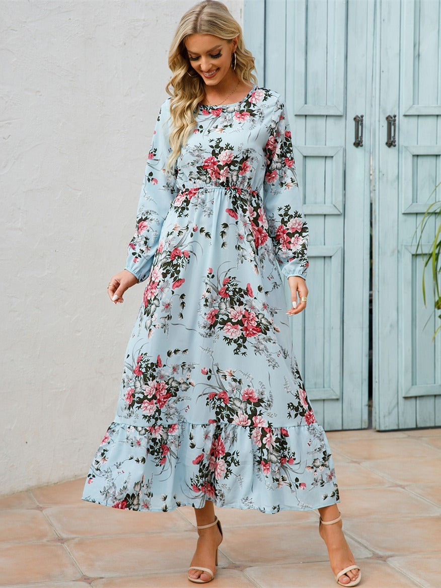 Floral Long Sleeve Maxi Dress, Long Sleeve Loose Crew Neck Dress, Casual Dresses