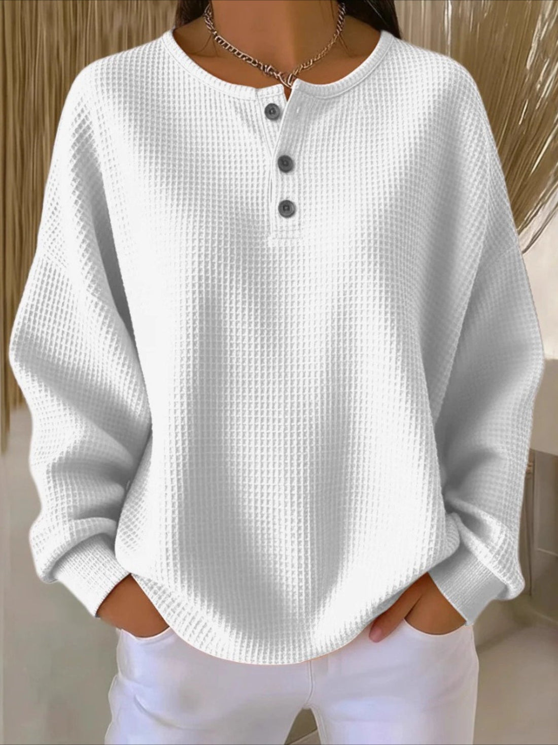 Solid Color Ribbed V Neck Braided Print Long Sleeve Regular Tops