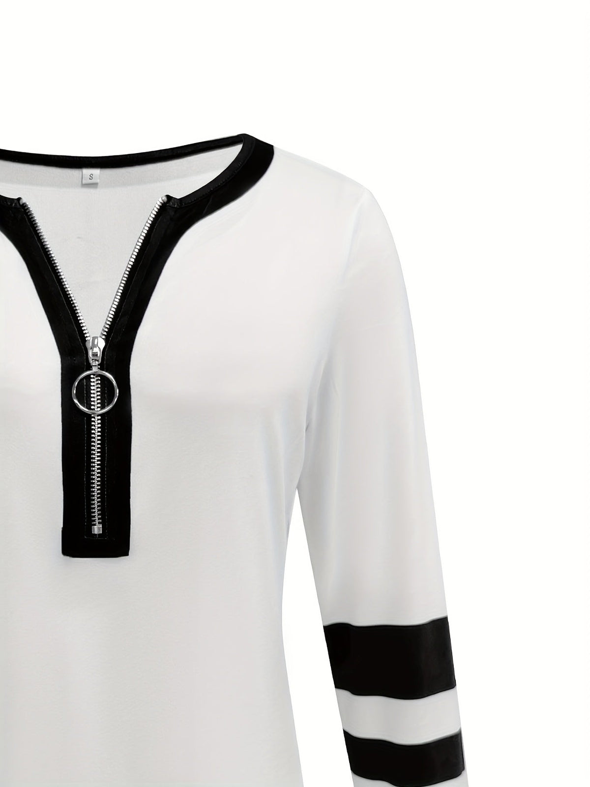 Stylish Color Block V-Neck Long Sleeve T-Shirt with Zipper Detail