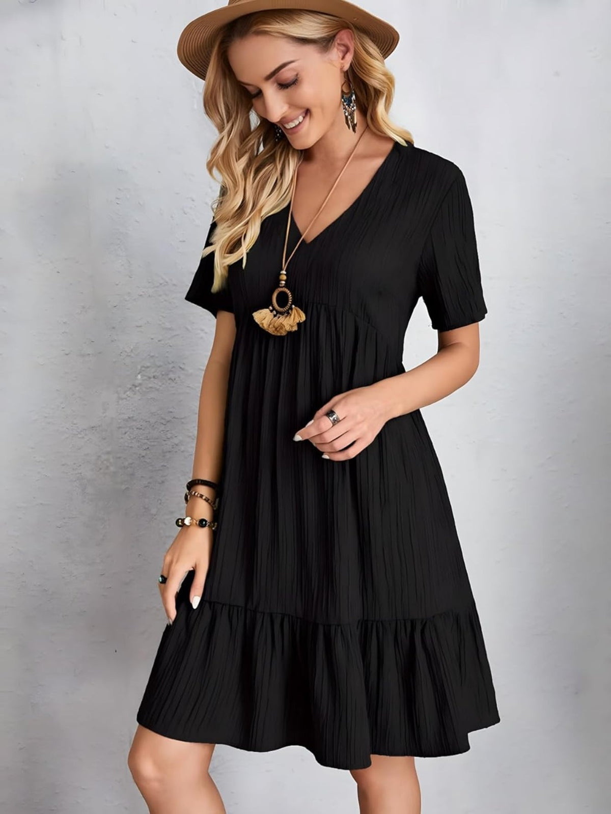 Short Sleeve V Neck Ruffle Mid Dress