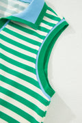 Bright Green Textured Stripe Print Contrast Trim Zip Collar Sleeveless 2pcs Skort Set