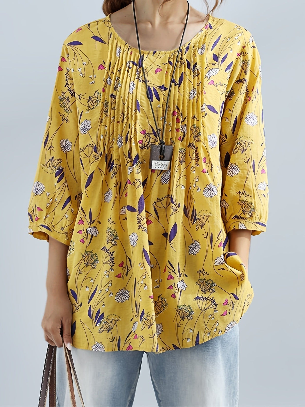 Floral Print Shirt - 3/4 Sleeve, Shirred Round Neck, Loose Fit, Ruffled Blouse