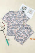 Multicolour Camouflage Short Sleeve Top and High Waist Wide Leg Pants Set