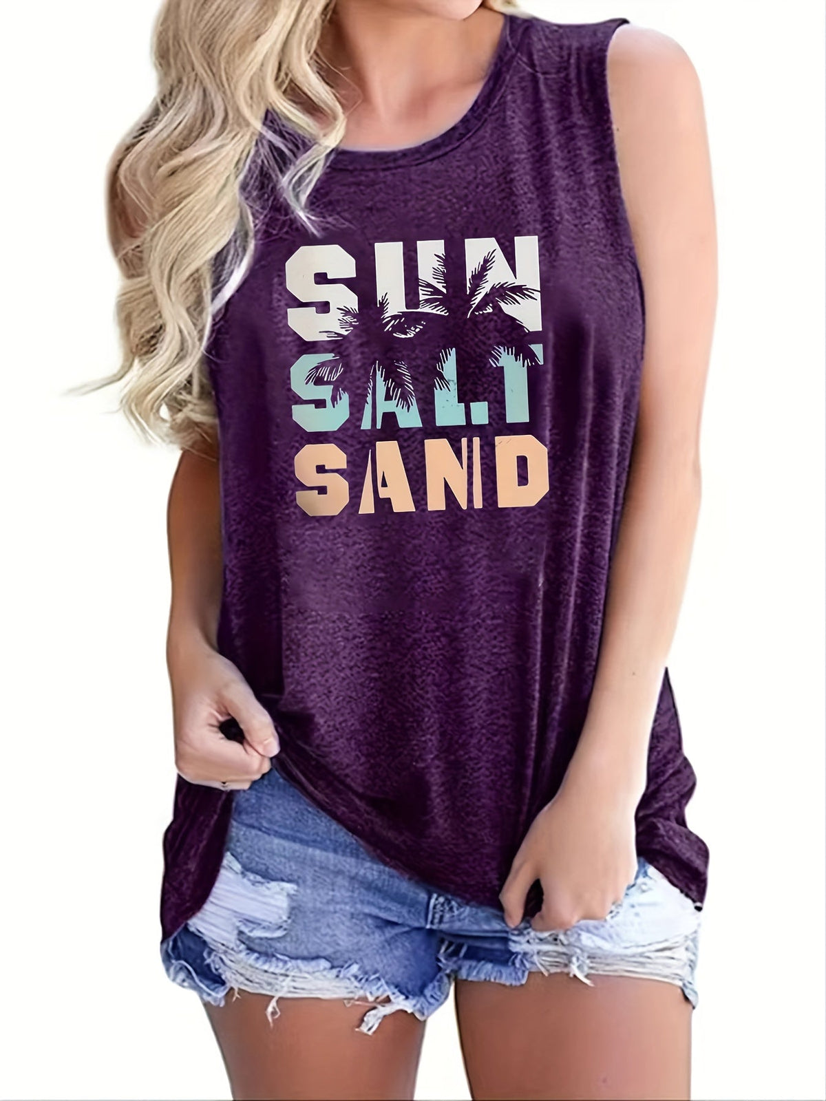 Sun Salt Sand Print Tank Top, Casual Sleeveless Crew Neck Beach Tank Top