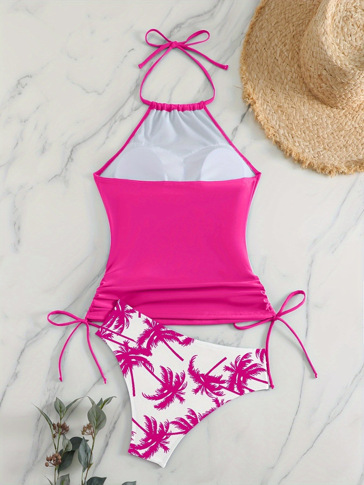 Coconut Tree Sunset Pattern Drawstring 2 Piece Set Swimsuit, Halter Tie Neck Backless Stretchy Low Waist Bathing Suit