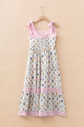 Multicolour Floral Print Striped Detail Knot Straps Maxi Dress