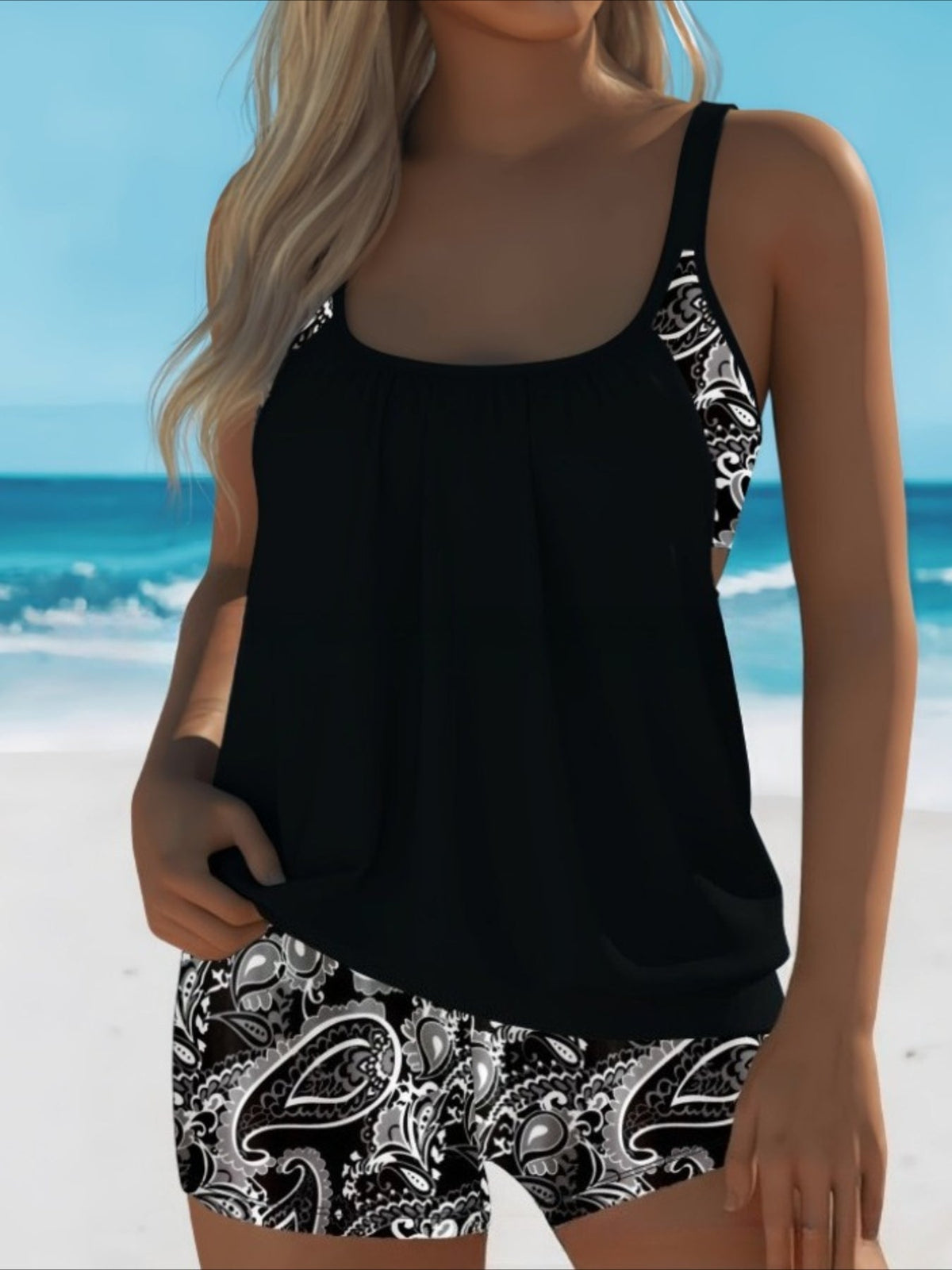 Floral High-Stretch Sleeveless Turquoise Tankini Set