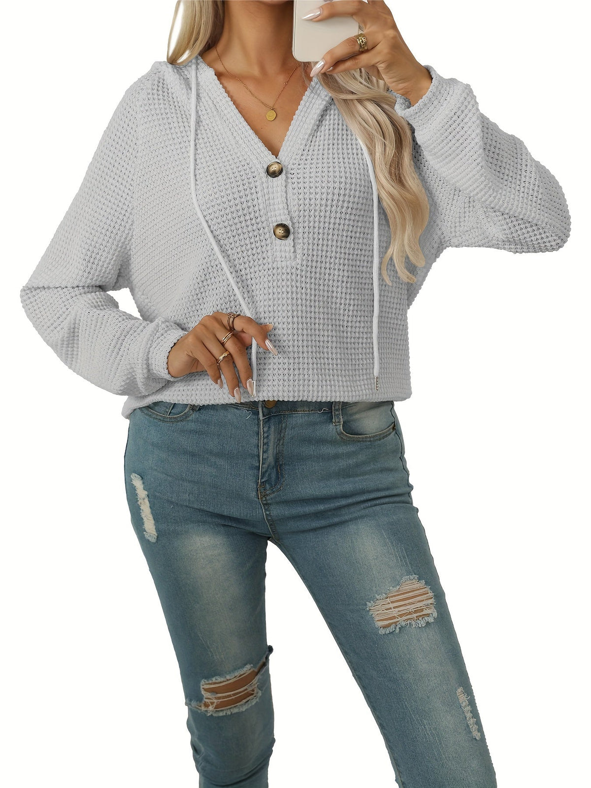 Waffle Button Front Loose Hoodie, Casual Long Sleeve Drawstring Hoodies Sweatshirt