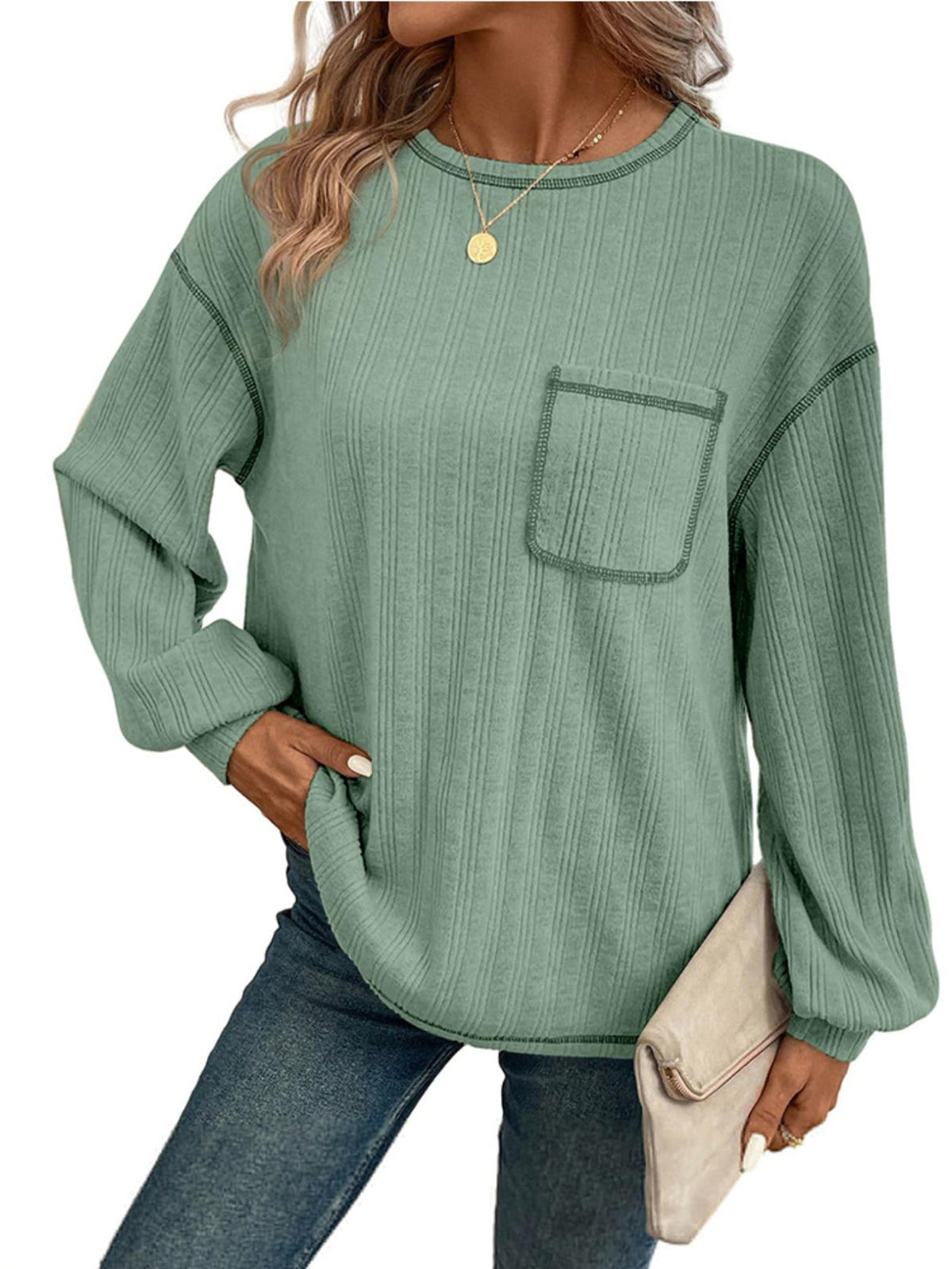 Long Sleeve Shirts Solid Crewneck Knitted Loose Fit Pullover Shirts Tops