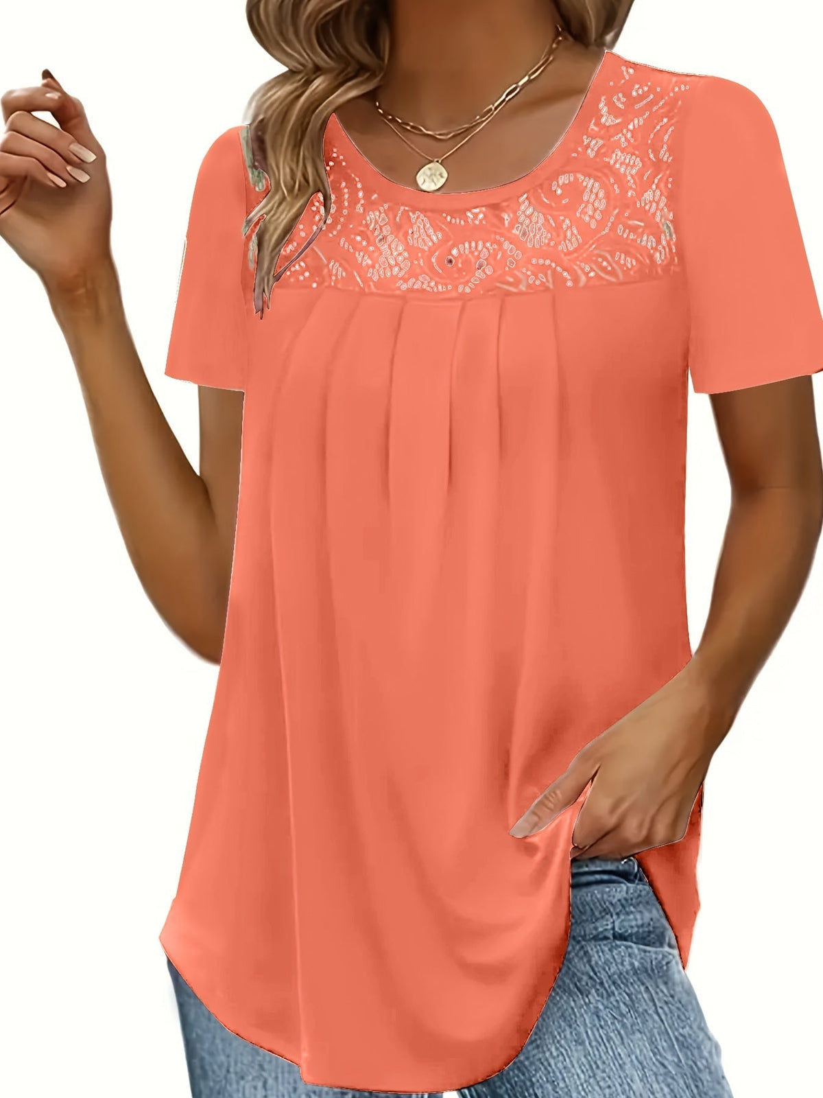 Women's Contrast Lace Ruched T-Shirt - Casual Short Sleeve Top
