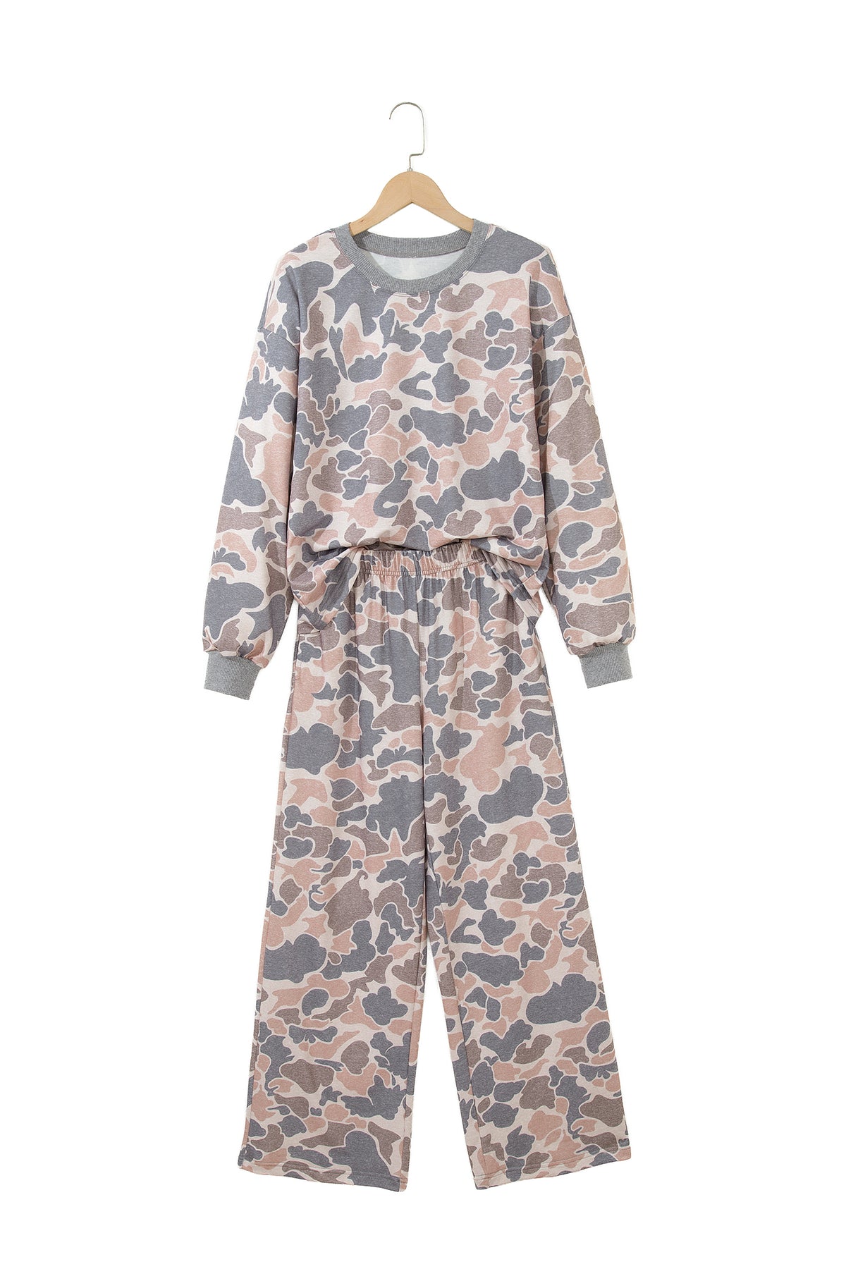 Multicolour Camouflage Print Long Sleeve Top Loose 2pcs Pants Set
