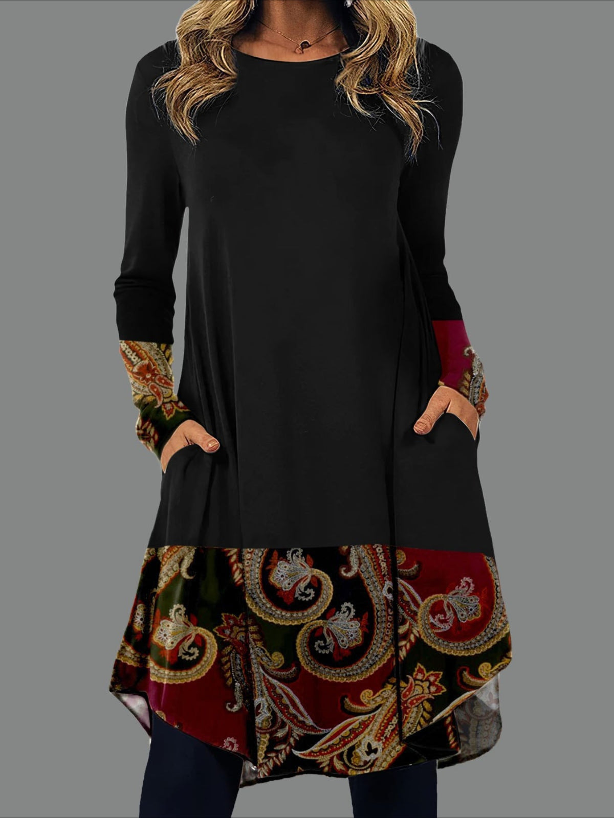 Graphic Print Dress with Long Sleeves and Pockets - Casual and Comfortable