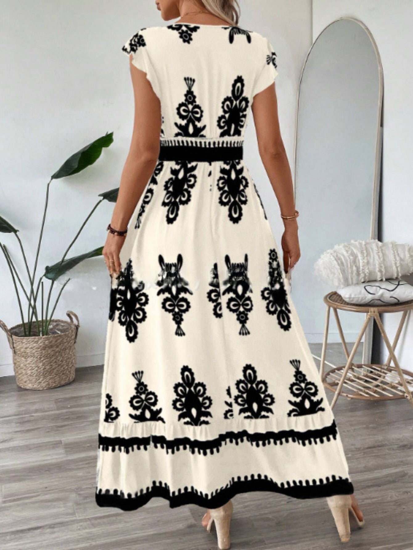 Women's Navy Blue Floral Print V-Neck A-Line Dress with Ruffled Cap Sleeves