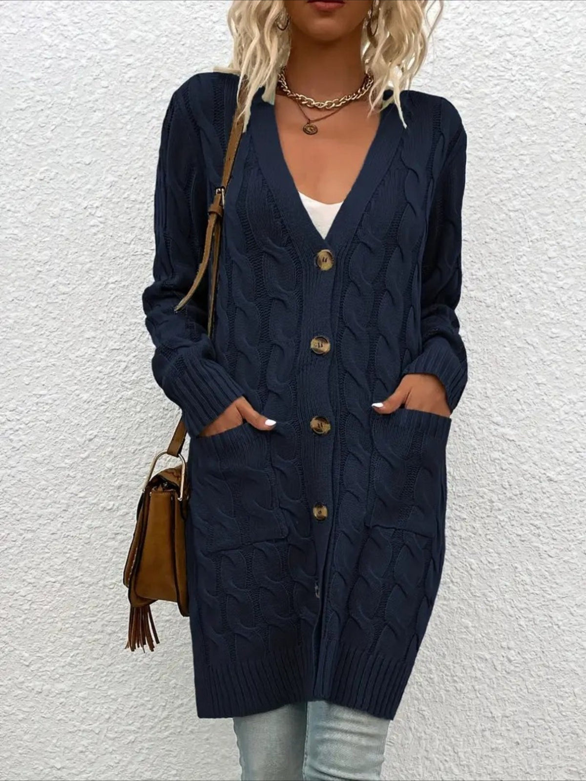 Elegant Long Nylon Soft Warm V-Neck Long Sleeves Sweater with Button Front
