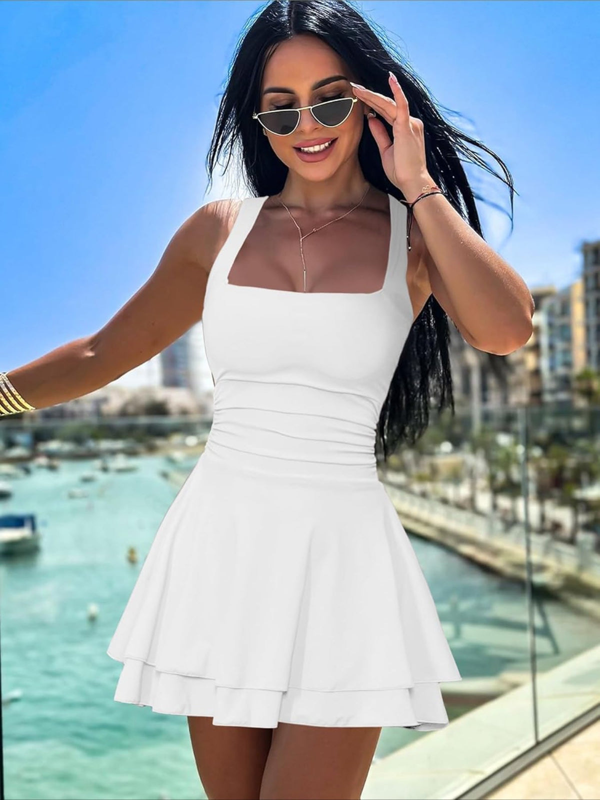 Solid Color Square Neck Ruffle Hem Ruched Waist Mini Dress