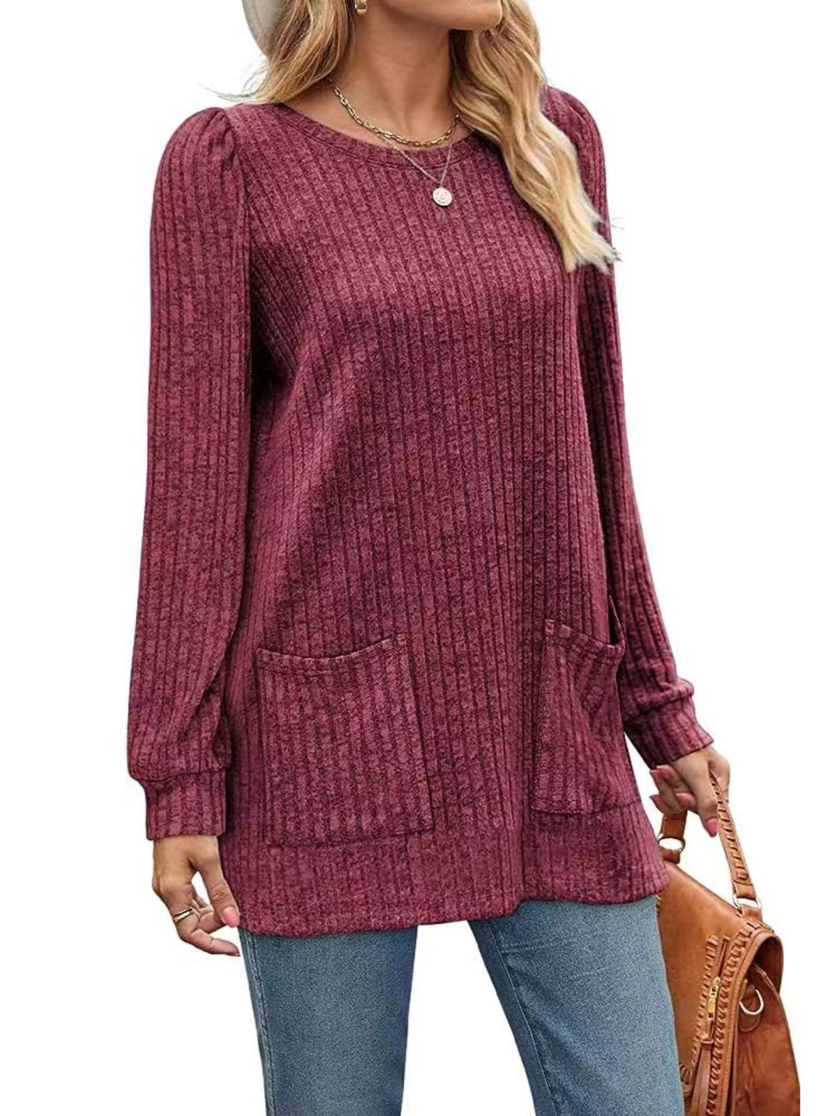 Casual Top, Women's Solid Ribbed Long Sleeve Round Neck Medium Stretch Top With Pockets