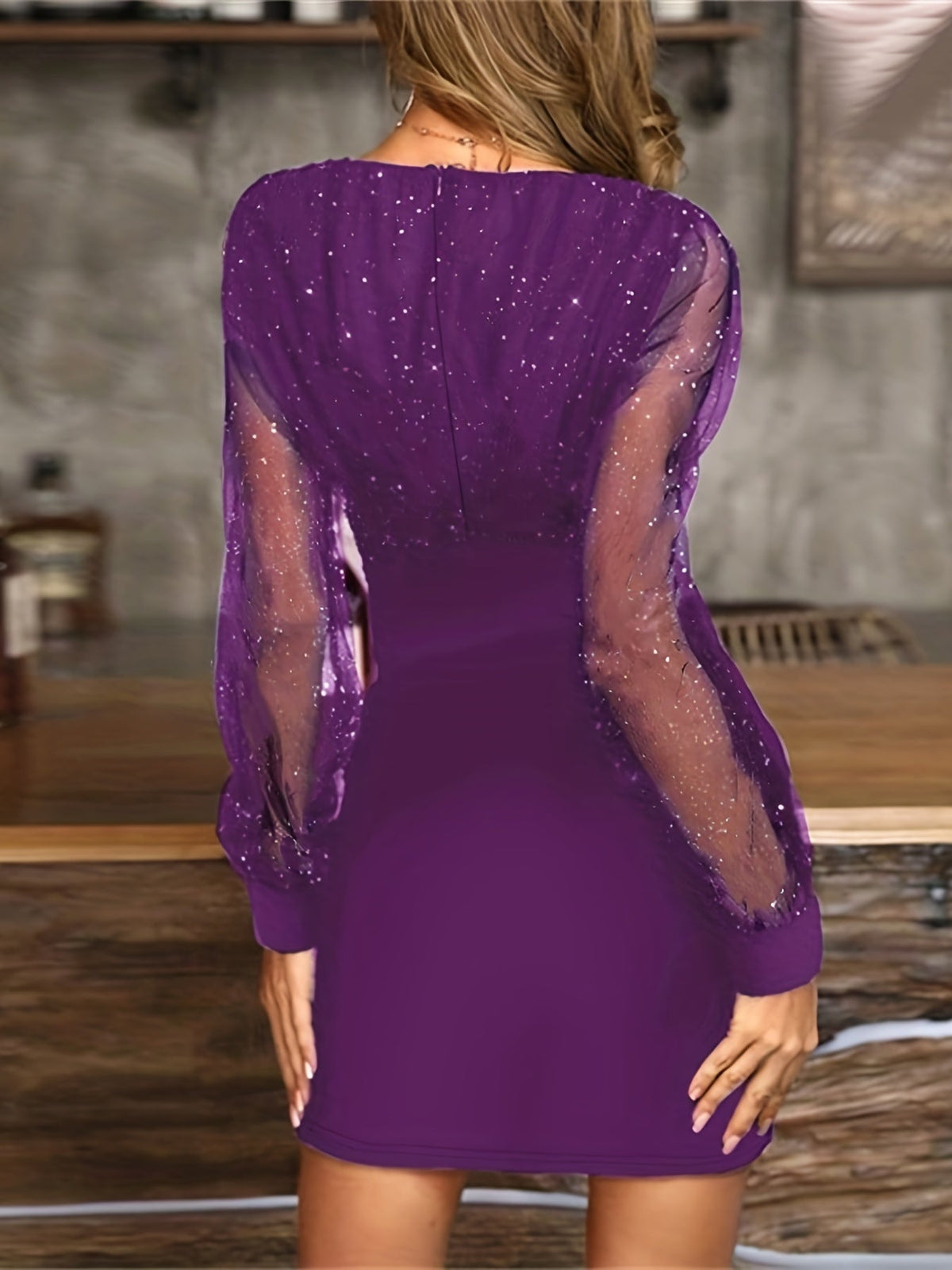 Solid Sequin Stitching Lace Long Sleeve Dress, Elegant Mesh Slim Sexy Party Dress