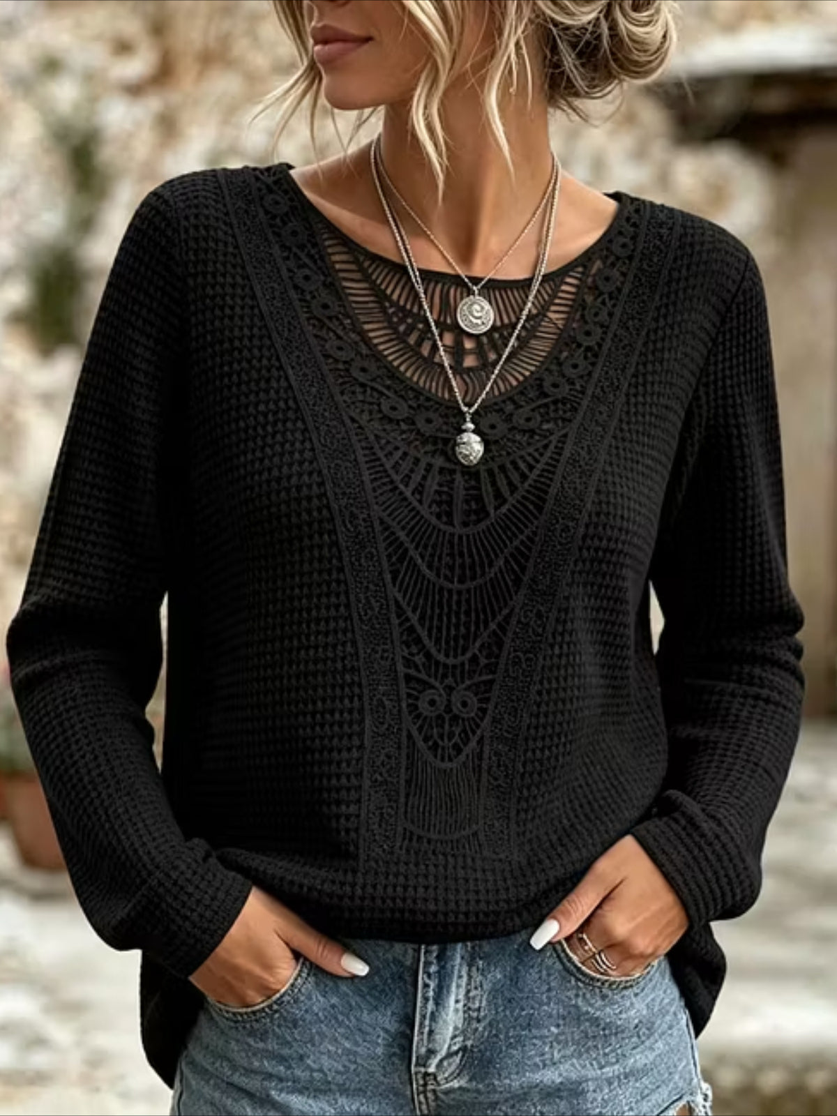 Pineapple Checked Lace Splicing Long Sleeve Solid Color T-shirt